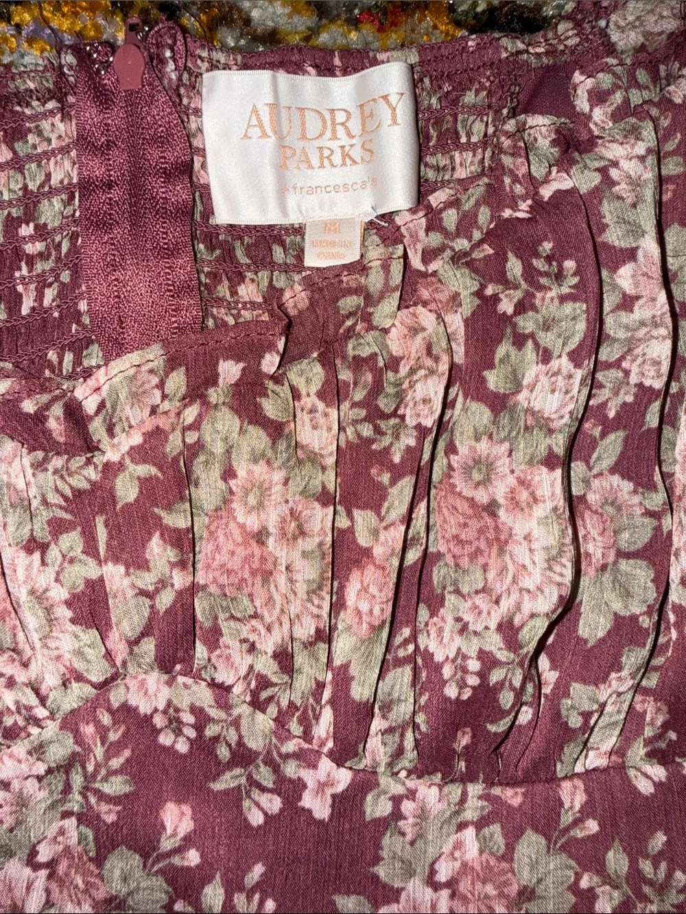 Burgundy Floral Puff Sleeve Maxi Dress M